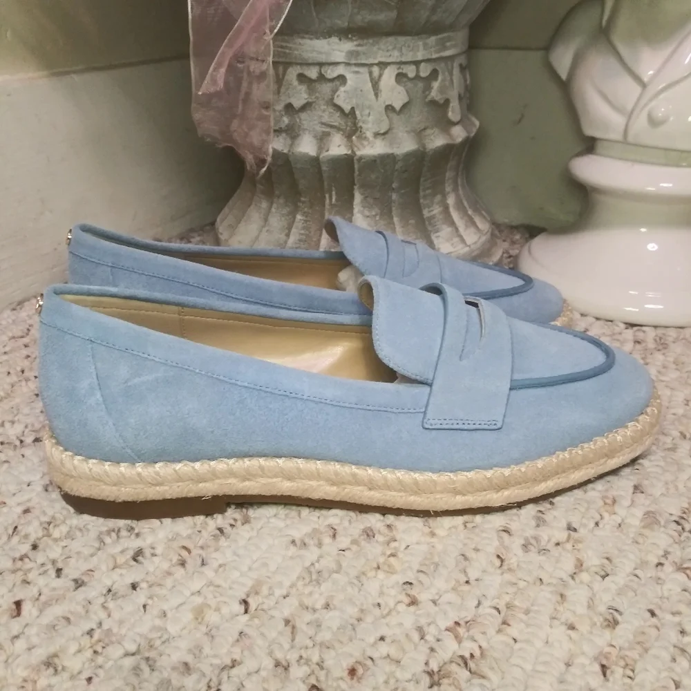 Michael Kors Jute Trimmed Blue Suede Loafers - Picture 1 of 7